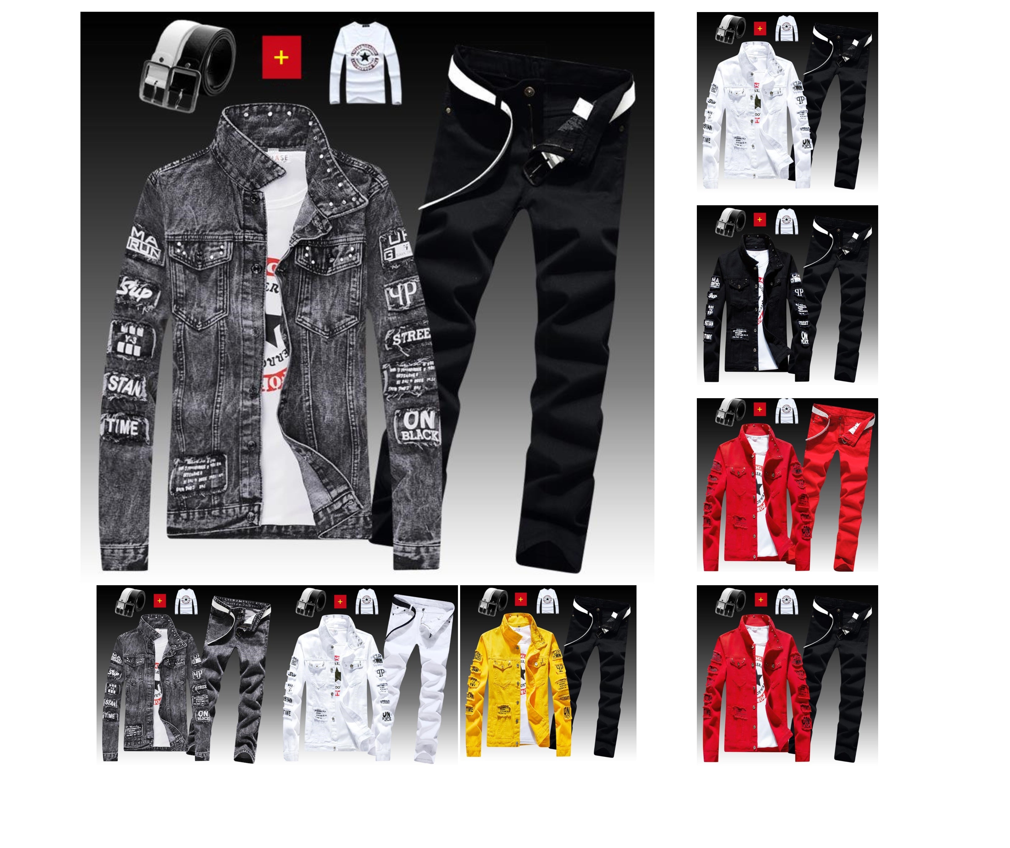 Herren Jeansjacke Jeanshose Buchstaben Druckhose 3-teiliges Set Casual Single Breasted 