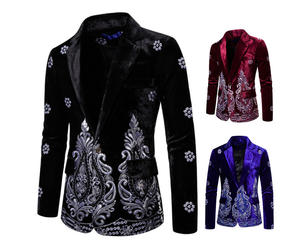 Luxus-Blazer für Herren, Samt, mit Goldfaden bestickt, Hochzeitsanzug, Nachtclub, Party, Kostüm, Mäntel | X1009 