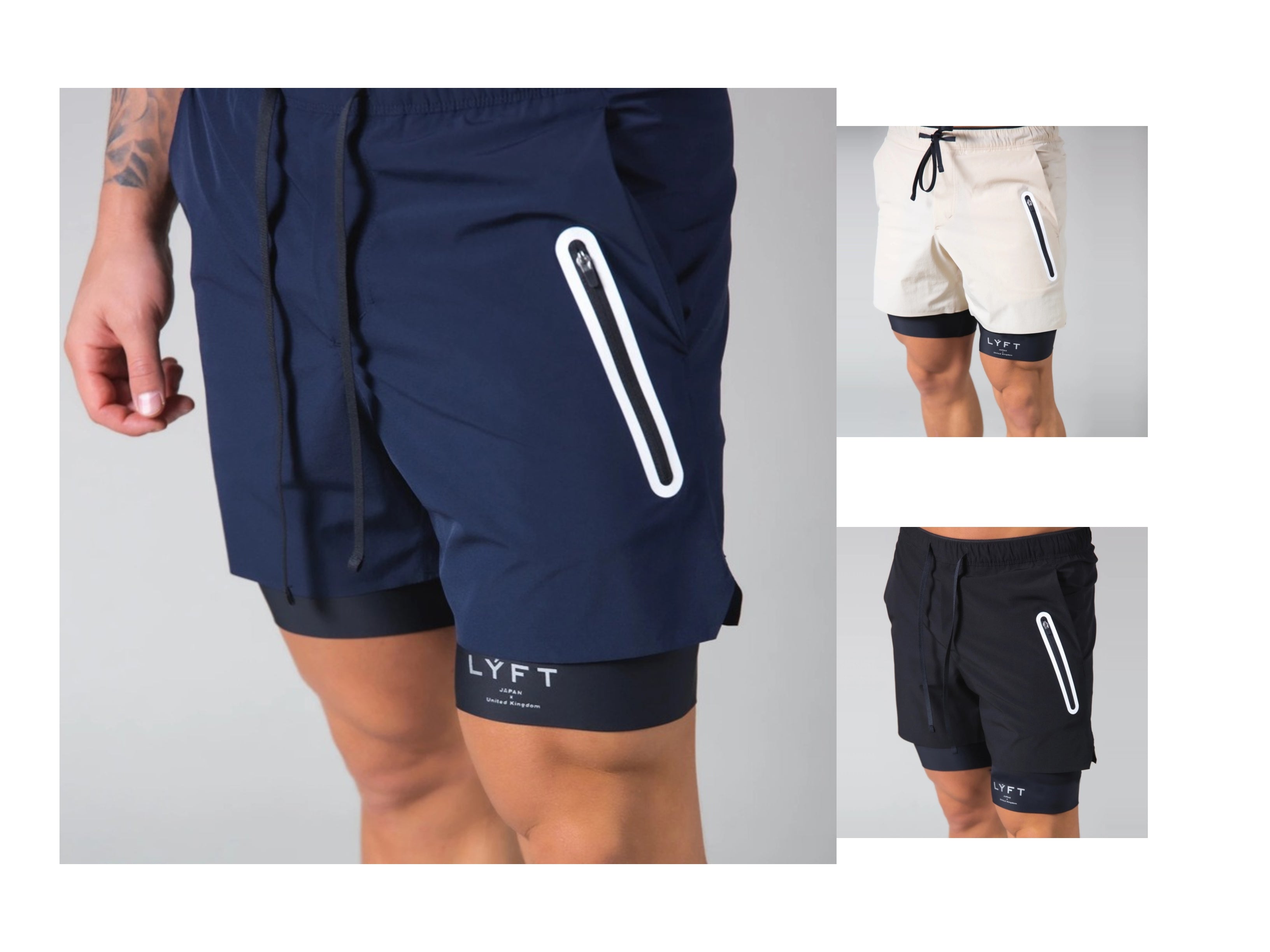 Herren Doppellagige Shorts mit Reißverschlusstasche zum Trainieren, Laufen, Fitnessstudio, Sportfutter | DK-03 
