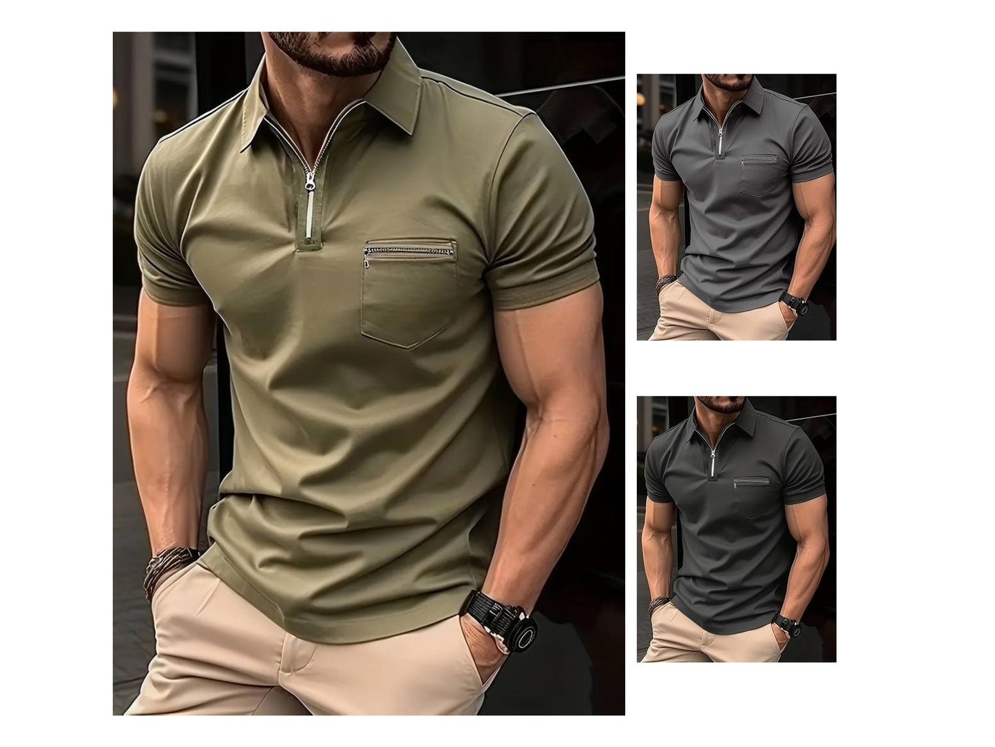 T-shirt à manches courtes et col à revers pour homme, couleur unie, décontracté, avec fermeture éclair sur le quart | FLS-4 