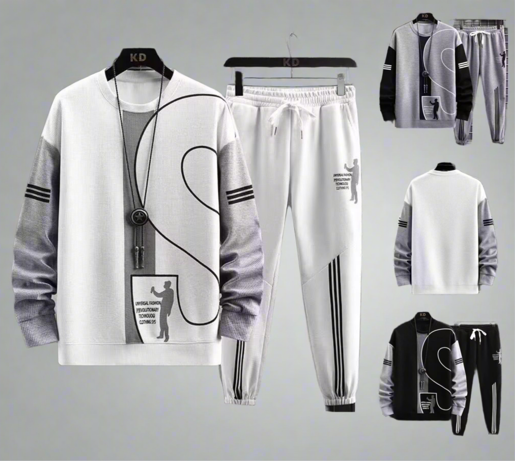 Polo-Langarmshirt mit Hose, Golf-Poloshirt, Pullover-Set, lässiges Waffel-Oberteil mit Rundhalsausschnitt für Herren 