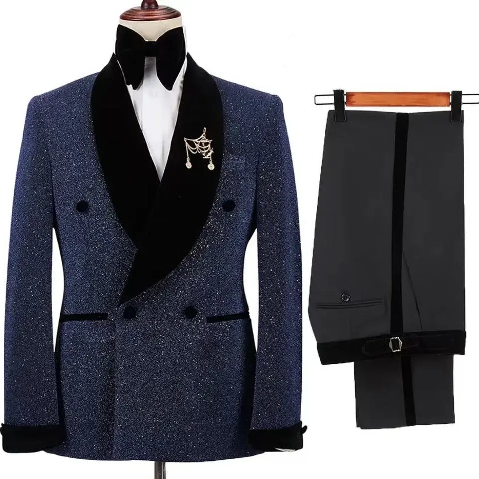 Glänzendes Sakko mit Hosenanzug, 2-teilig, Bräutigam-Smoking, schwarzer flacher Samt, Schalkragen, Hochzeitsanzug, Smoking | LL830 