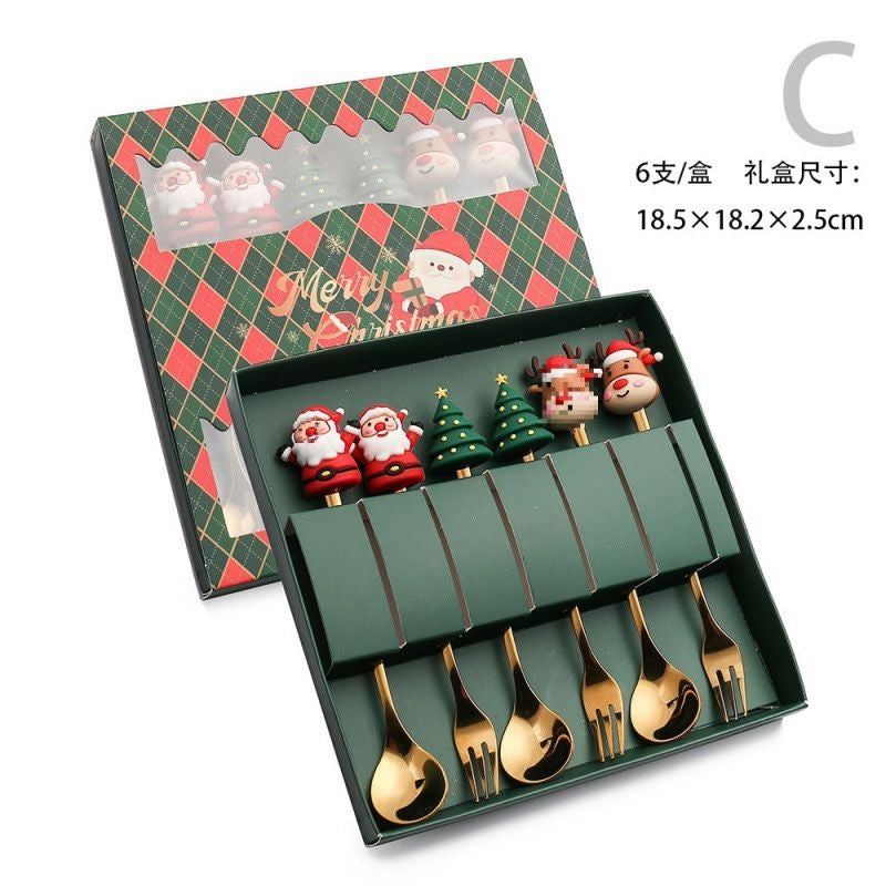 6Pcs Christmas Gifts Style Stainless Steel Doll Dessert Spoon Fork Gift Box Cutlery Set |