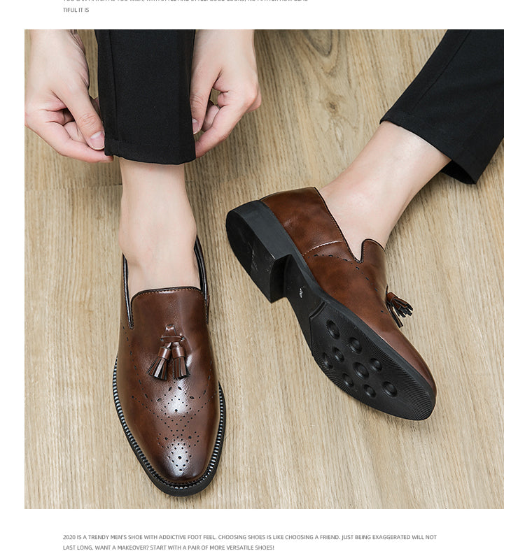 Genuine Leather Loafers Shoes Outdoor Pointed Tassel Casual Carved Leather Shoes | 8739