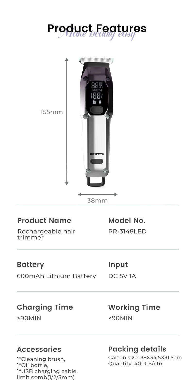 Kabellose, wiederaufladbare Haarschneidemaschine, professioneller Haarschneider für Männer | PR-3148LED 