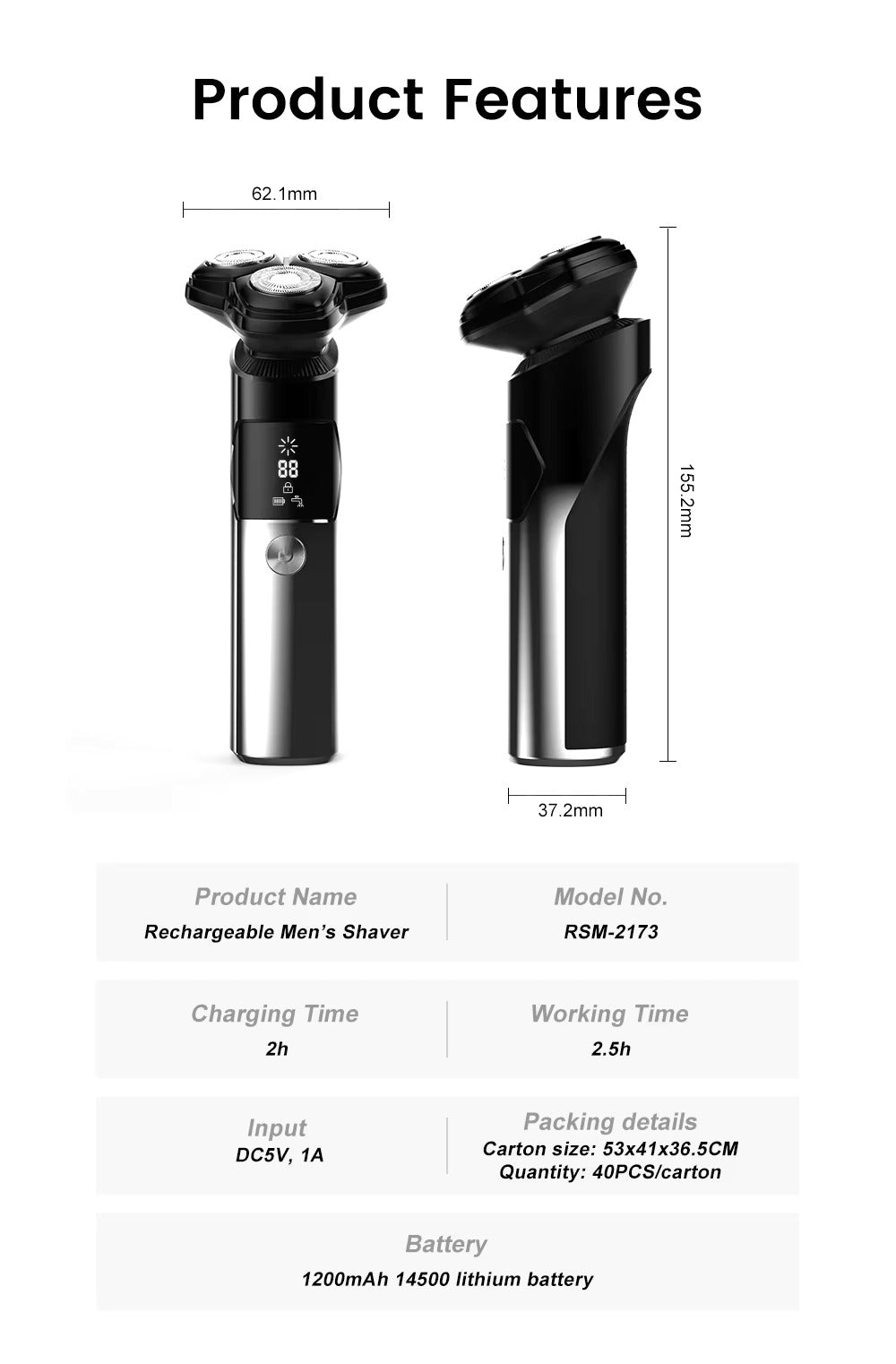 PRITECH Dreifach-Rotationsrasierer, wiederaufladbarer 1200-mAh-Bartrasierer für präzise Rasur | RSM-2173 