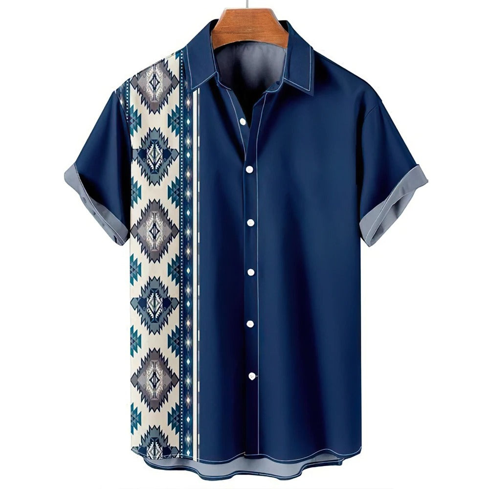 Vintage Ethno Print Herren Casual Kurzarm T-Shirt Cowboy Revers Knopf Bluse Streetwear Poloshirt 