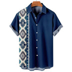 Vintage Ethno Print Herren Casual Kurzarm T-Shirt Cowboy Revers Knopf Bluse Streetwear Poloshirt 