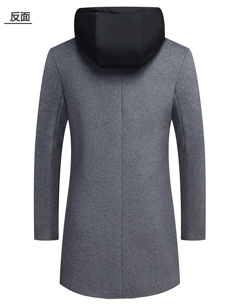 Herren Wolljacke mit abnehmbarer Kapuze, winddicht, mittellanger Mantel, lässiger, dicker Trenchcoat | 1909-3 