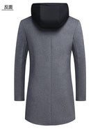 Herren Wolljacke mit abnehmbarer Kapuze, winddicht, mittellanger Mantel, lässiger, dicker Trenchcoat | 1909-3 