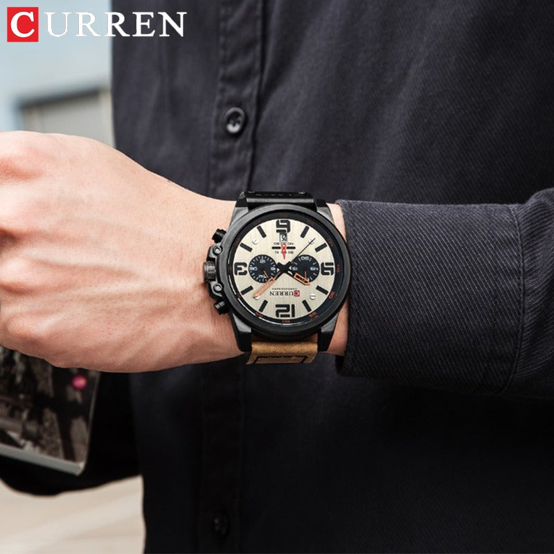 Herren Lederuhr Chronograph Armbanduhr Business Quarz Kalender Militäruhr | 8314 