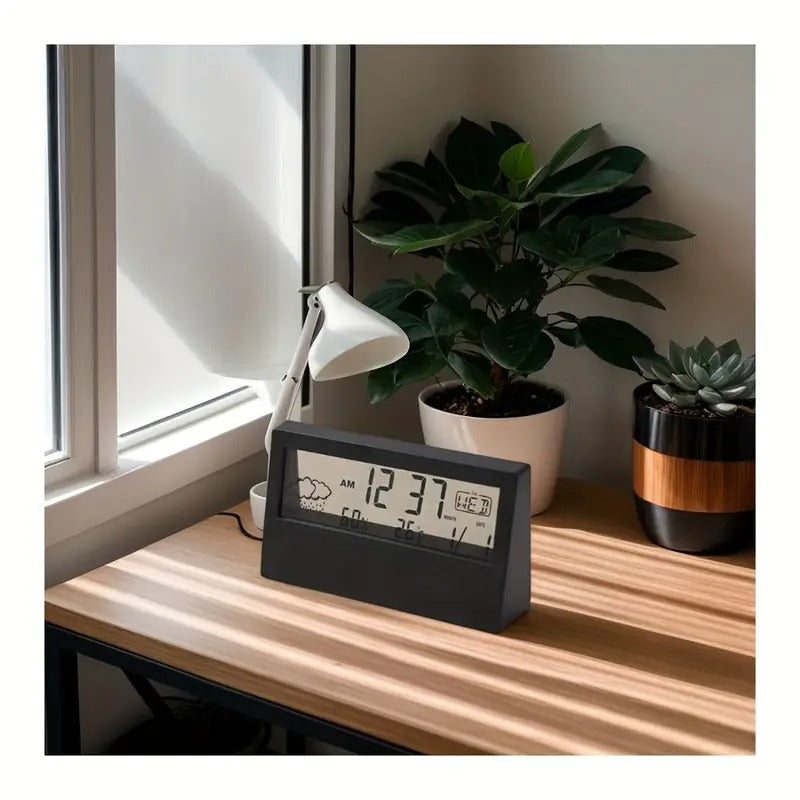 Moderne transparente LED-Digitaluhr – Temperatur und Luftfeuchtigkeit, Wettersymbole, Heim- und Bürodekor | 2158 
