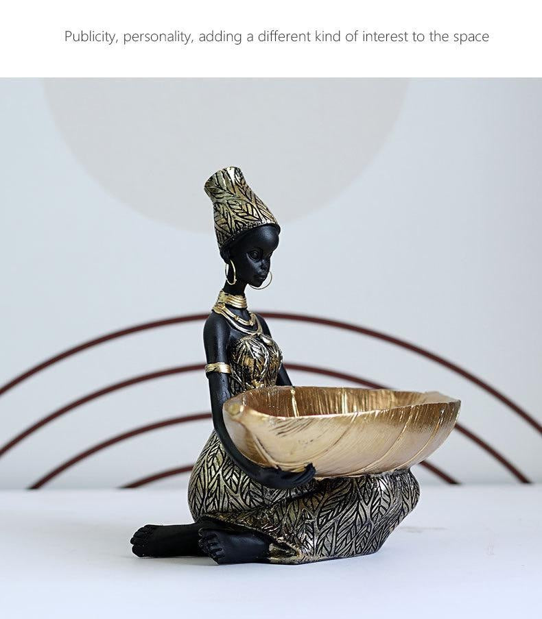 Afrikanischer schwarzer Obstteller, Ornament aus Kunstharz, Heimdekor mit Volkskunstmuster im thailändischen Stil, Schreibtisch-Aufbewahrungsdekoration | RRW040 