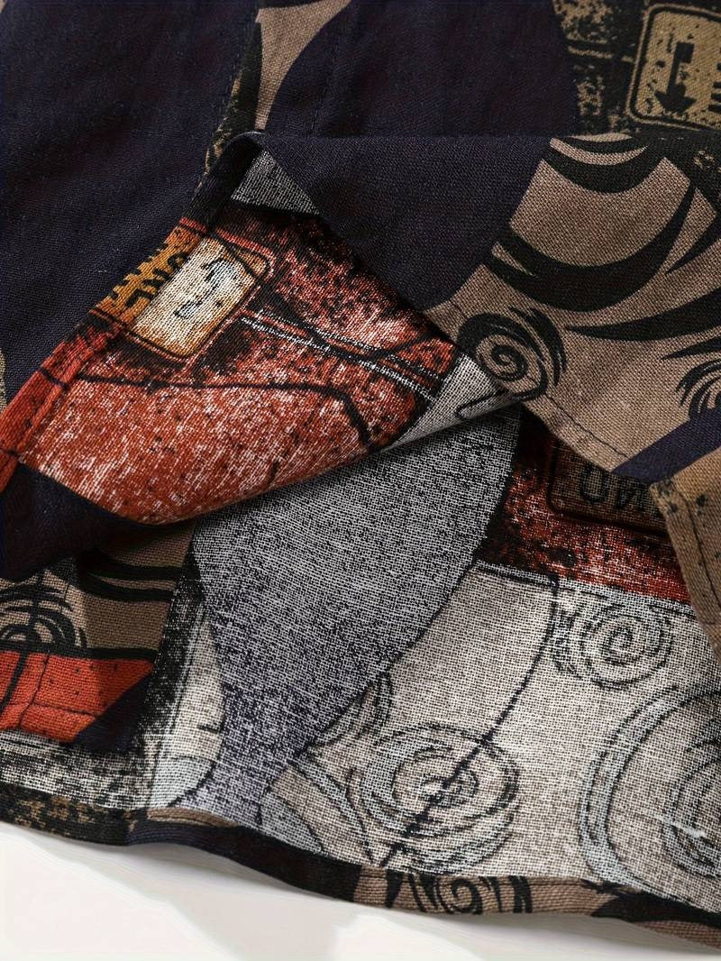 Herren-Hemd mit kurzen Ärmeln und Knopfleiste, Reverskragen, geometrischer Druck, lockere Passform, atmungsaktives, schnell trocknendes Baumwollmischhemd 