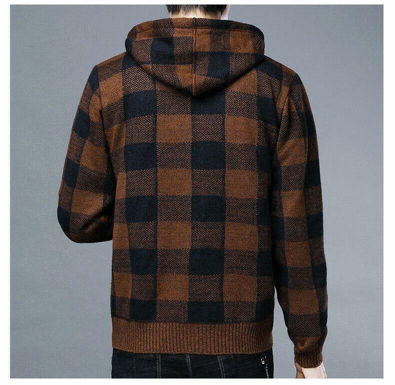 Manteau d'hiver décontracté à capuche pour hommes, tricot, vêtements d'extérieur, pull à carreaux, cardigan à fermeture éclair complète, vestes 