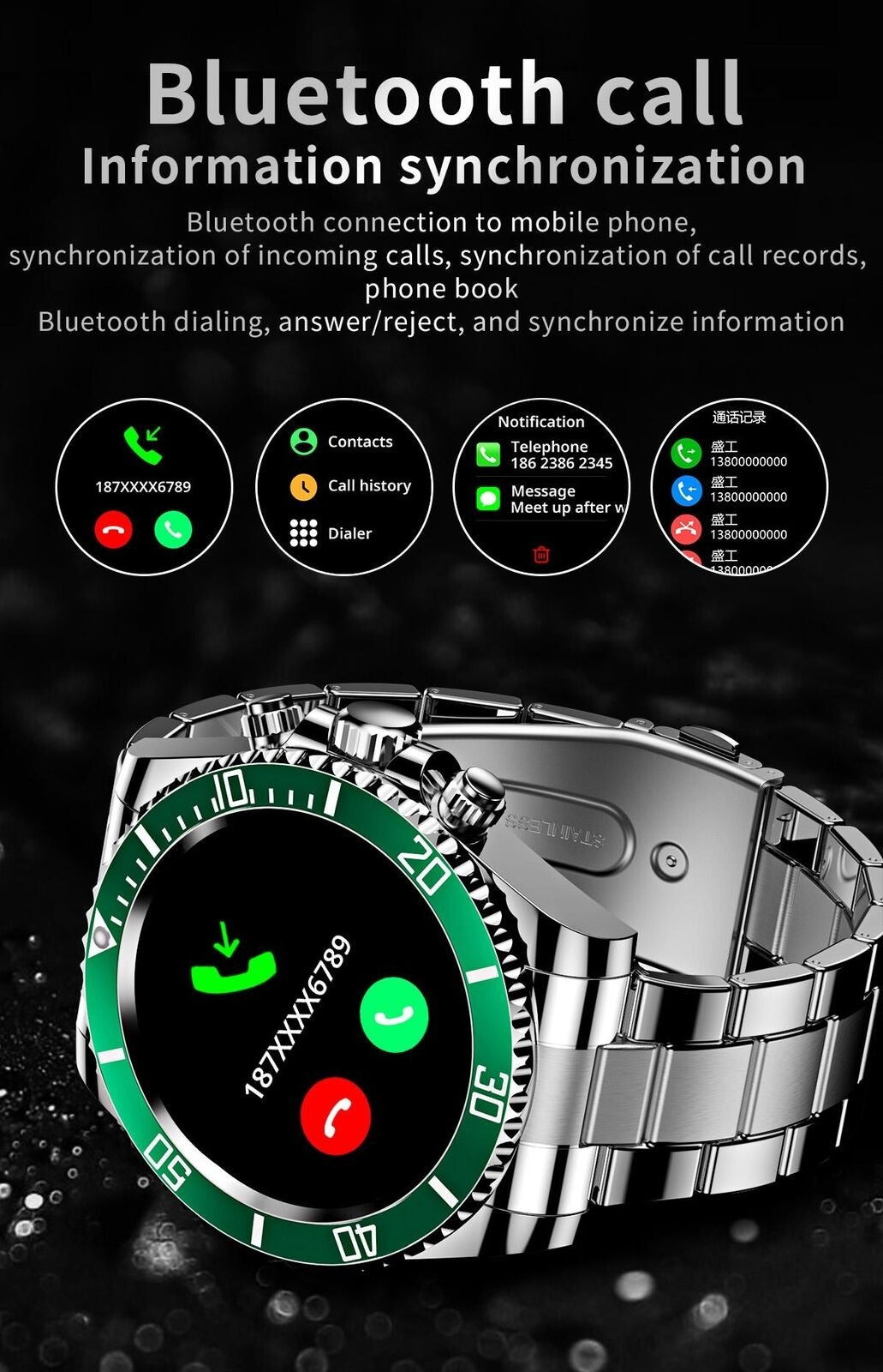 Orologio da uomo con cinturino in acciaio BT Call Smart Watch Rolex Style Business Sports Smart Watch | AW-12 