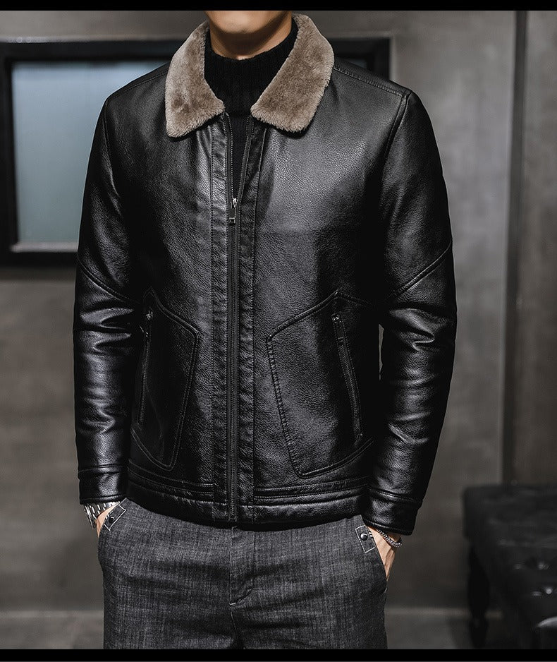 Men's PU Leather Jacket Coats High Quality Business Fur Collar Leather Bomber Warm Jacket | 2053