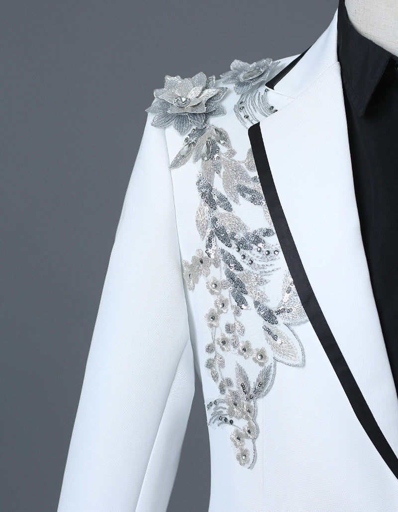 Herrenanzug, 2-teilig, formell, bestickt, elegant, mit blinkenden Pailletten, Kristallen, Blazer, Mantel, Abschlussball, Party, Smoking, Kostüm, Hochzeitsoutfit 