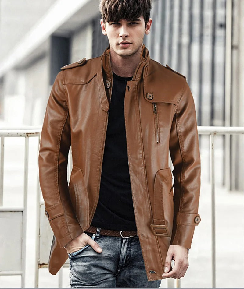 High Quality Casual Pu Leather Jacket Waterproof Thick Stand Collar Zipper Long Coat