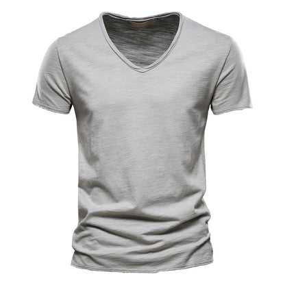 Herren T-Shirt mit tiefem V-Ausschnitt, 100 % Baumwolle, einfarbig, V-Kragen, hochwertiges Basic-T-Shirt | F037 