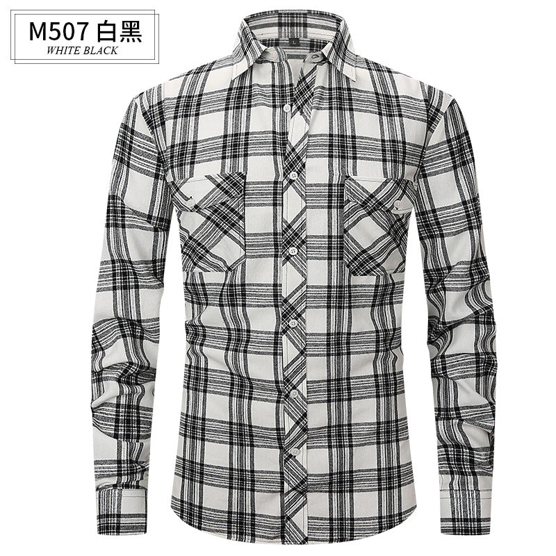 Men Slim Wear Plaid Premium Long Sleeve Double Pocket Flannel Foreign Trade Shirt | M501