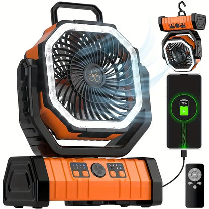 Ventilateur de camping portable rechargeable d'extérieur avec crochet, ventilateur de table USB avec lumière LED d'urgence et banque d'alimentation pour pique-nique, randonnée, pêche 