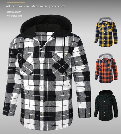 Chic Color Block Men's Plaid Pattern Hooded Long Sleeve Shirt Jacket With Drawstring And Pocket Spring Fall Outwear