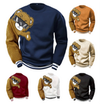 Herren-Sweatshirt mit Cartoon-Bär-Stickerei, Rundhalsausschnitt, Übergröße, Polyestergewebe, lebendiges Tiermuster, Oberteil, Freizeitkleidung, Strickstoffhemd