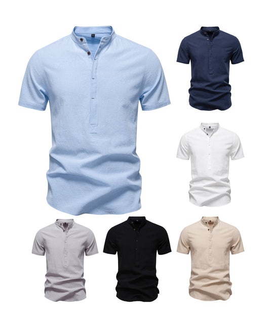 Japanisches minimalistisches Kurzarmhemd aus Leinenmischung für Herren – Sommerliches Slim-Fit-Freizeitoberteil | SH2039