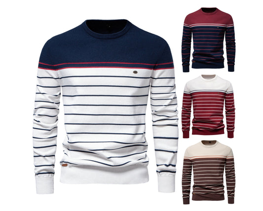 Herren Gestreifter Patchwork Strickpullover – Rundhals Casual Pullover für Herbst/Winter | SW117 