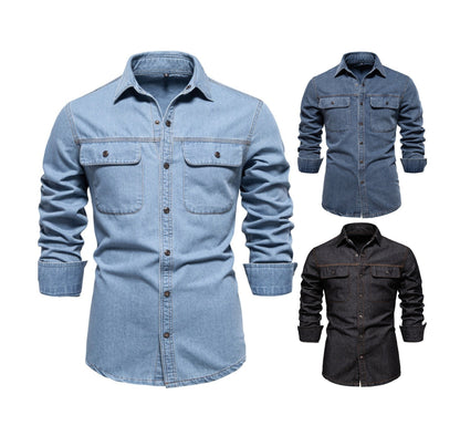 Herren-Jeanshemd mit verwaschenem Muster – Langarm, 100 % Baumwolle, lässiges Button-Up-Oberteil | 6025 