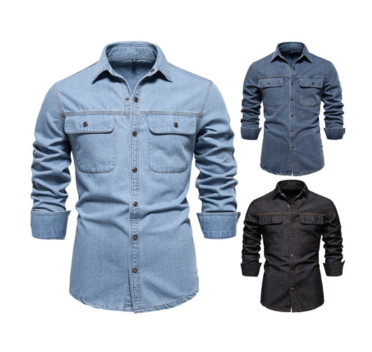 Herren-Jeanshemd mit verwaschenem Muster – Langarm, 100 % Baumwolle, lässiges Button-Up-Oberteil | 6025 