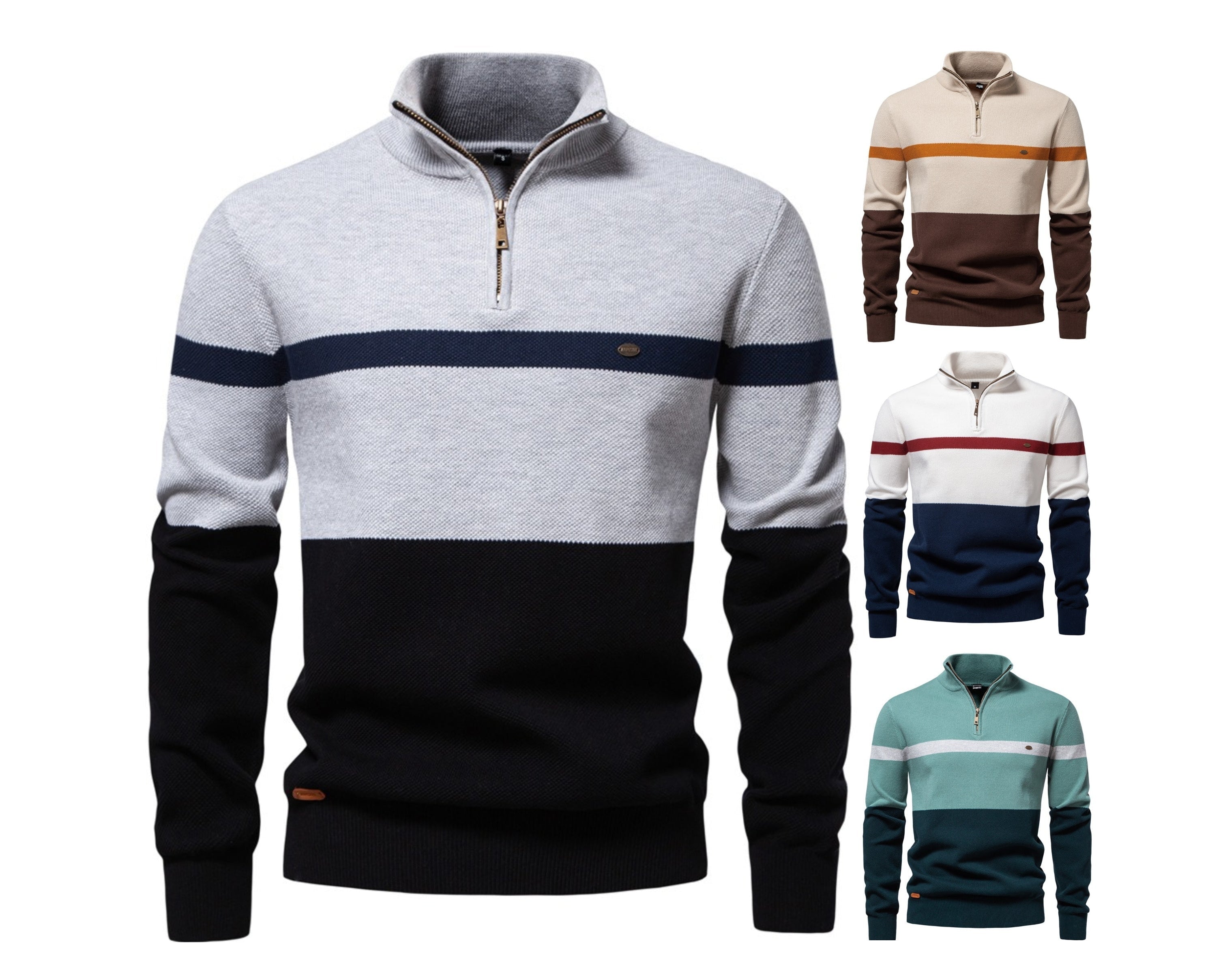 Herren-Strickpullover mit Stehkragen und halbem Reißverschluss – Lässiger Colorblock-Pullover | SW135 