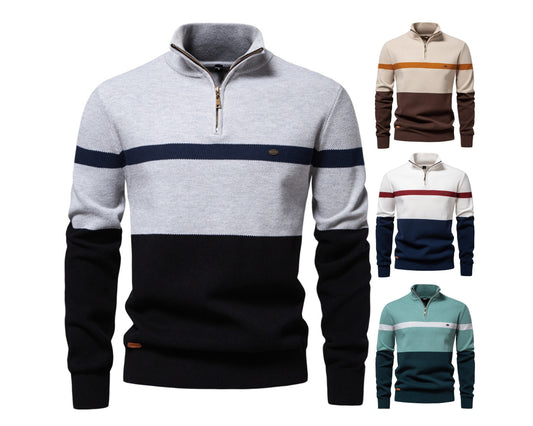 Herren-Strickpullover mit Stehkragen und halbem Reißverschluss – Lässiger Colorblock-Pullover | SW135 