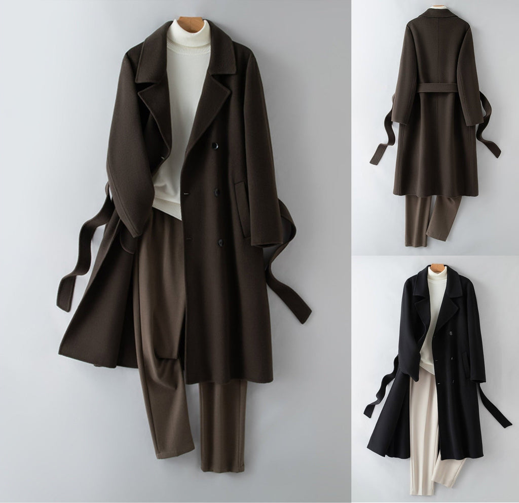 100% Wool Long Trench Coat with Belt | Men’s Knee-Length Double-Faced Wool Overcoat | Premium Winter Outerwear Trench coat