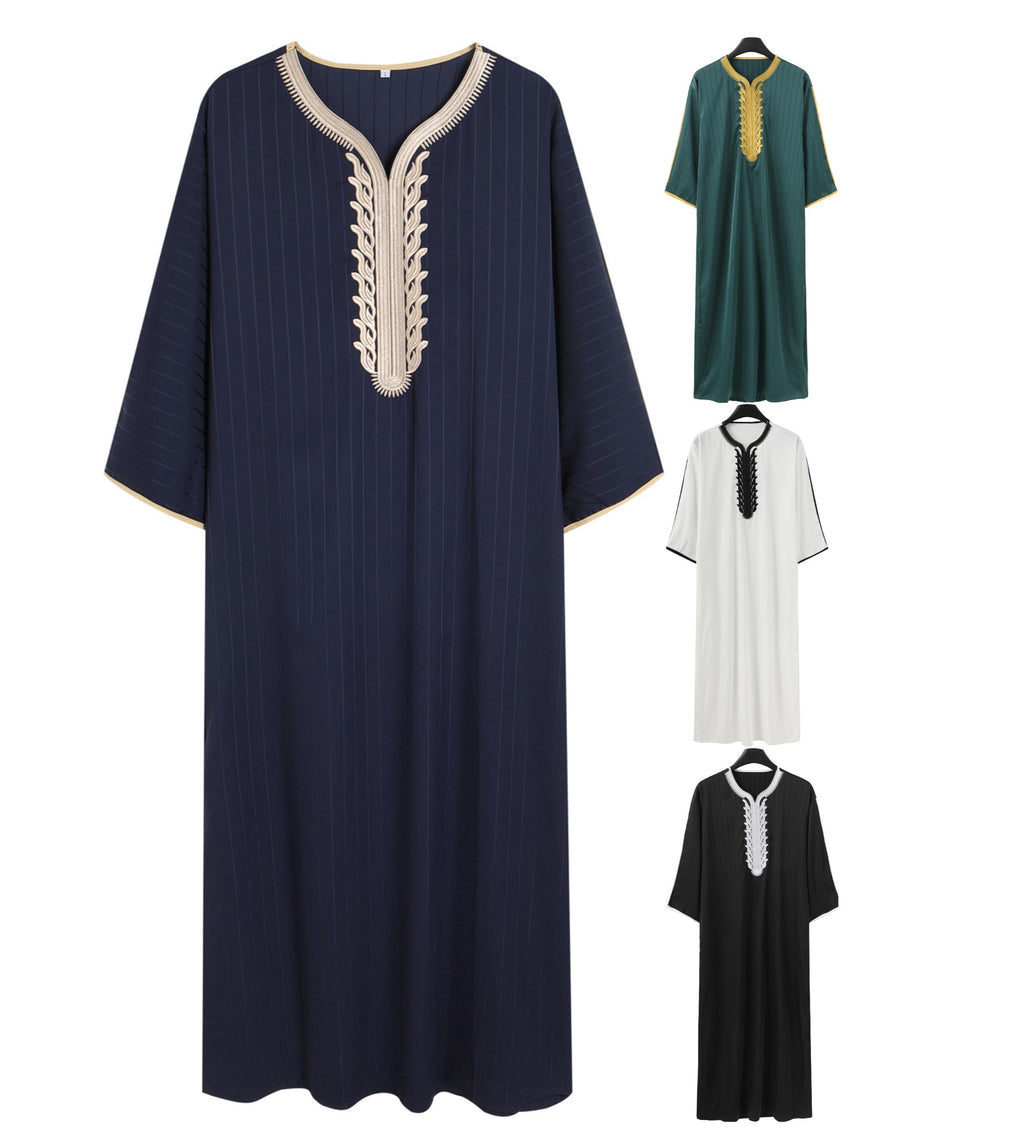 Lockerer muslimischer Herrenmantel mit Stickerei und langen Ärmeln, islamischer Abaya, Ramadan- und Eid-Outfits | 1134997 