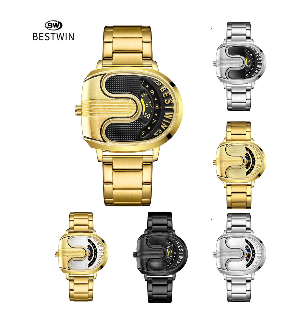 BESTWIN Men‘s Gold U-Shape Digital Chronograph Watch | Fashion Oval Dress Timepiece with Stainless Steel Bracelet | 988