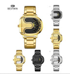 BESTWIN Men‘s Gold U-Shape Digital Chronograph Watch | Fashion Oval Dress Timepiece with Stainless Steel Bracelet | 988