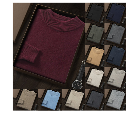 Men's Premium Cashmere Blend Sweater Chunky Knit Mock Neck Pullover Winter Warm Relaxed Fit Knitwear | JW-039