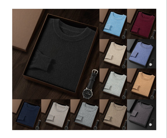 Men's Premium Cashmere Blend Sweater Chunky Knit Crew Neck Pullover Winter Warm Relaxed Fit Knitwear | JW-039