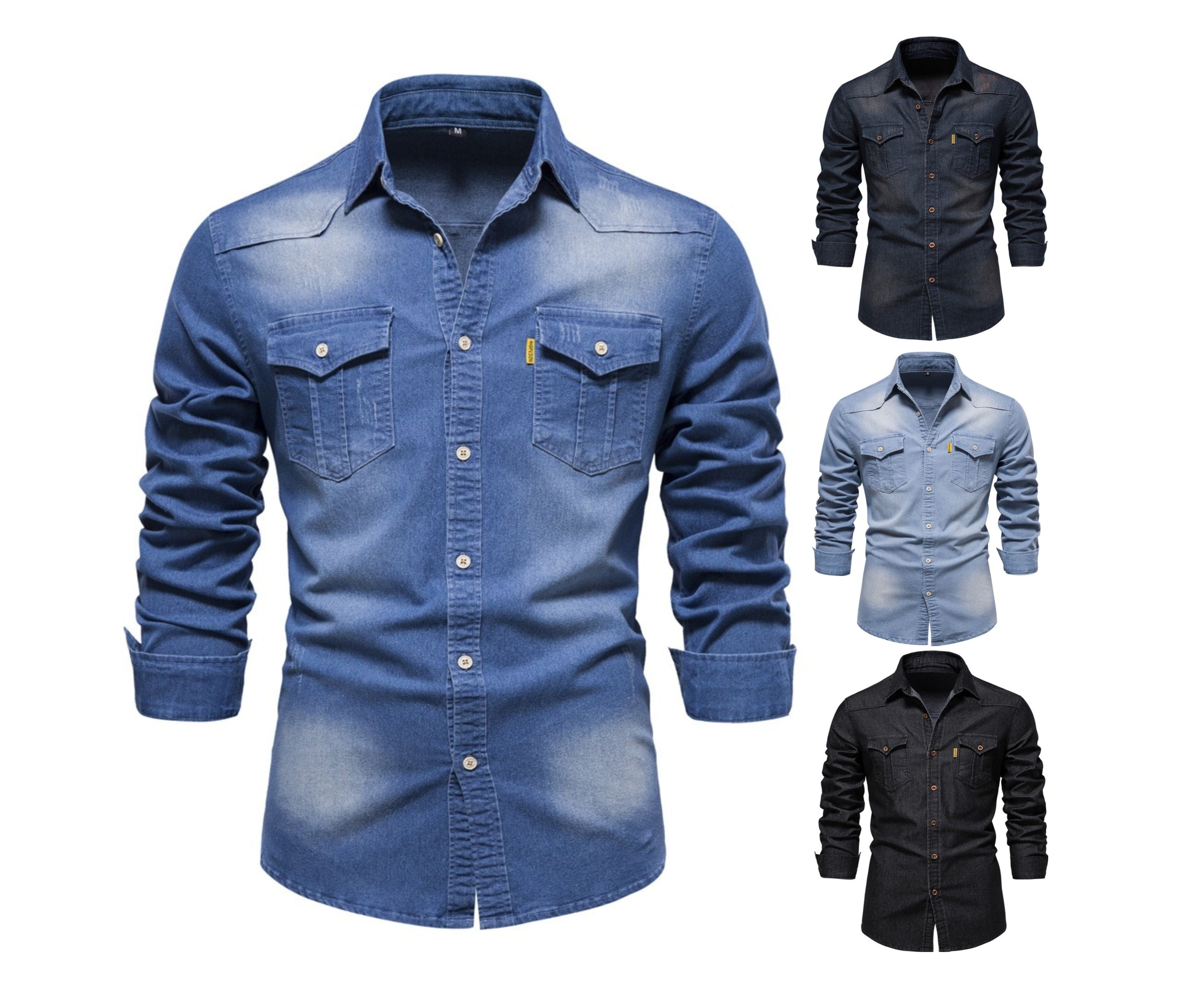 Herren Langarm Denim Bügelfreies Freizeithemd Einfarbig Baumwolle Vintage Style | 6022 