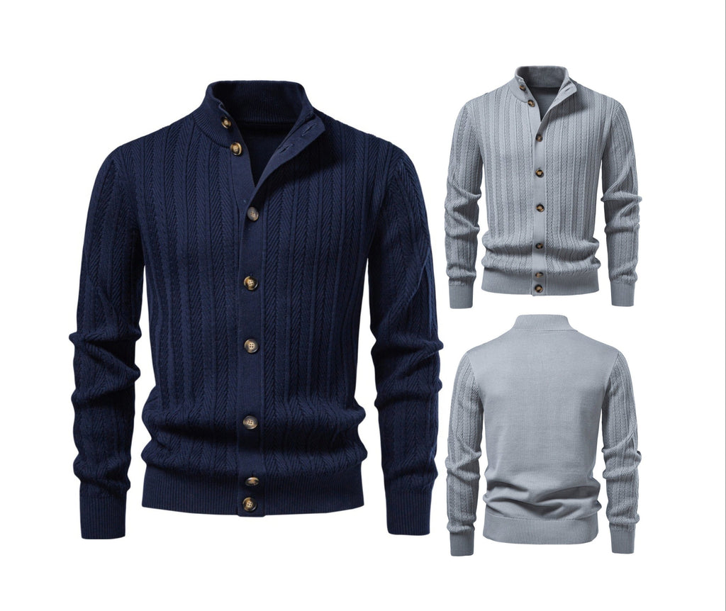 Men's Cotton Knit Cardigan | 2026 Winter Business Casual Button-Up Sweater | Stand Collar Warm Outerwear | SW255