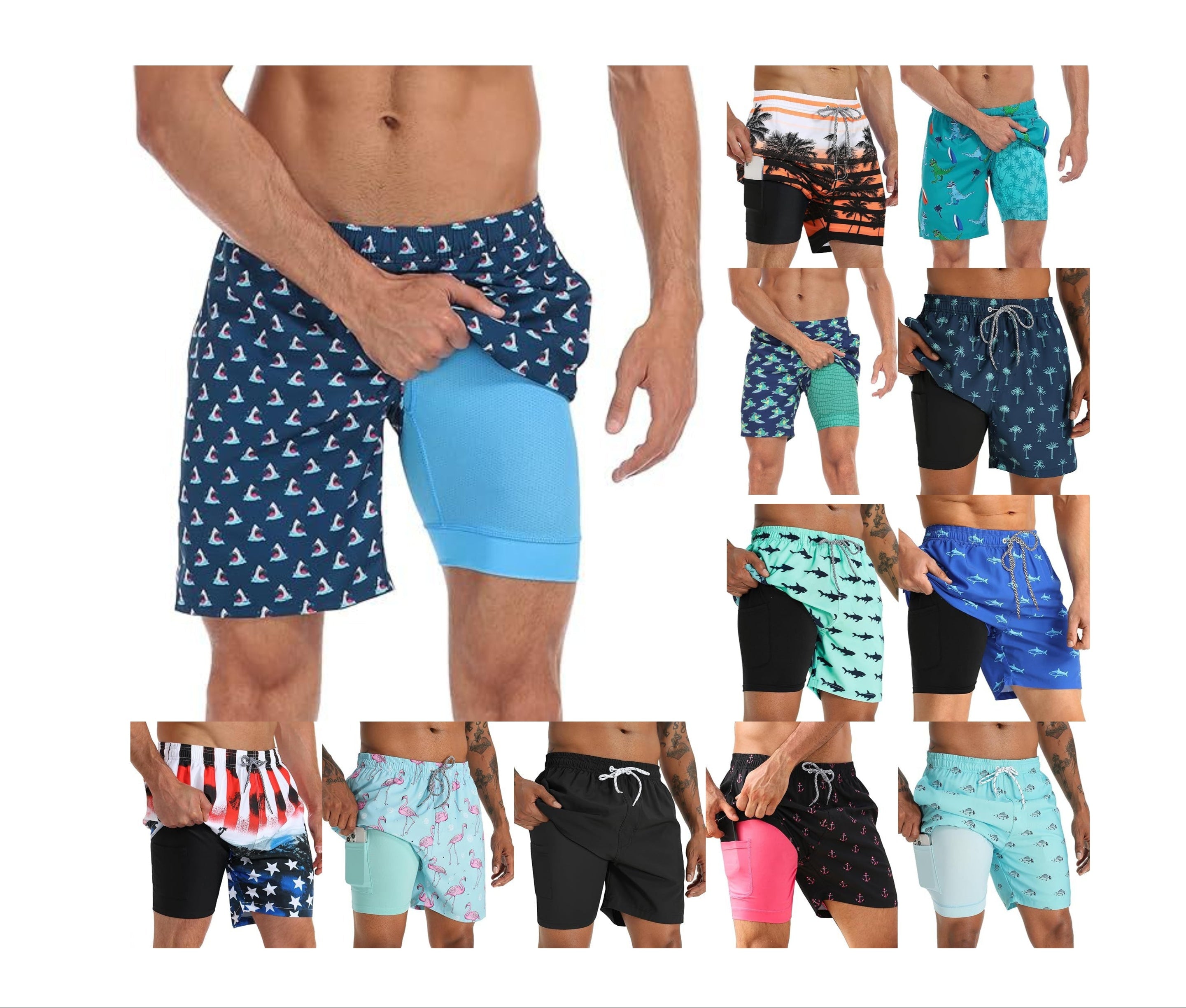 Sommer-Strandshorts mit 3D-Druck für Herren, doppellagig, schnelltrocknend, atmungsaktiv, auffällige Designs | SCDK-QK 