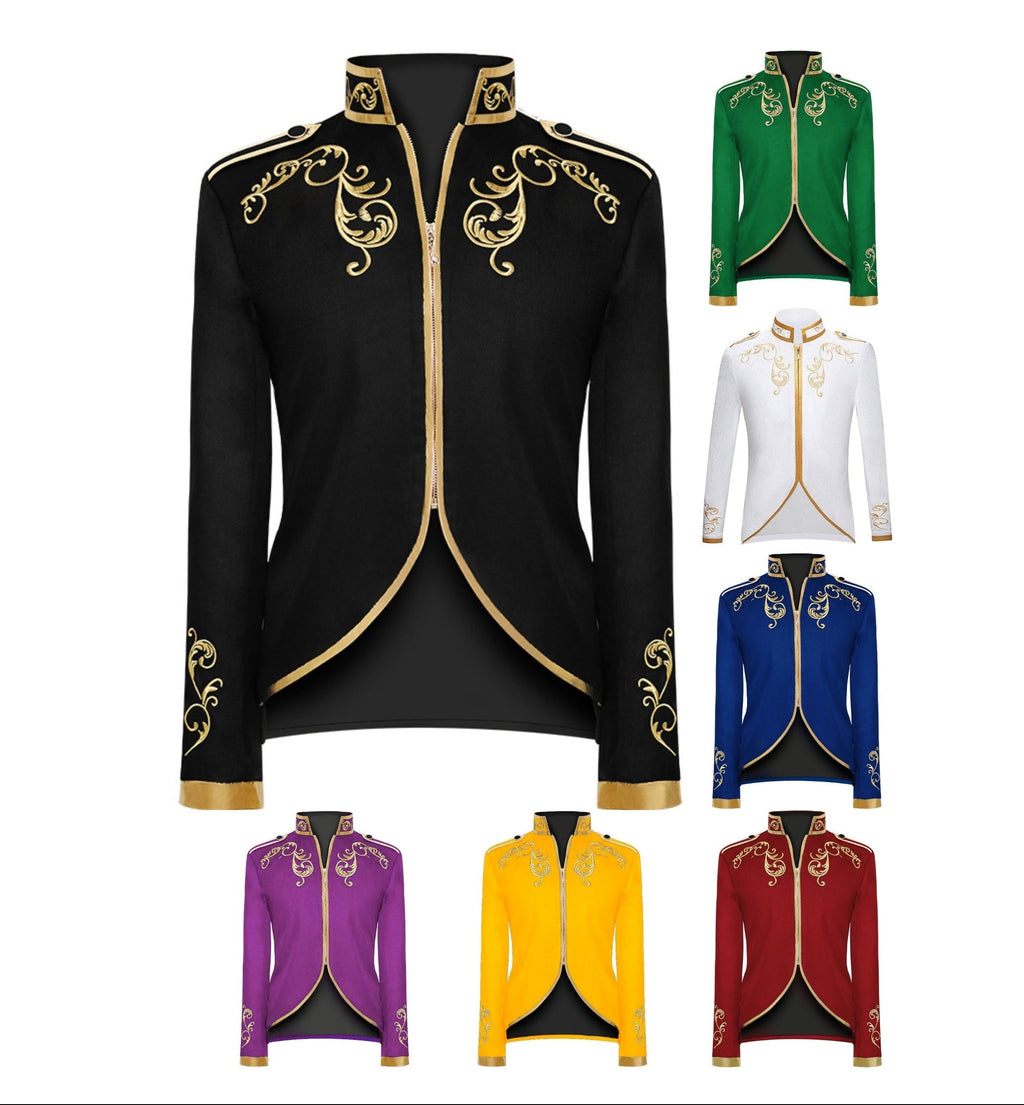 Medieval Royal Prince Jacket | Gold Embroidered Stand Collar Coat | Halloween Noble Cosplay Costume for Men & Women
