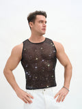 WINUU Men‘s Mesh Sequin Tank Top Rave Party Vest for Clubs & Music Festivals Shiny Glitter Muscle Tee Shirt