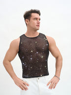 WINUU Men‘s Mesh Sequin Tank Top Rave Party Vest for Clubs & Music Festivals Shiny Glitter Muscle Tee Shirt