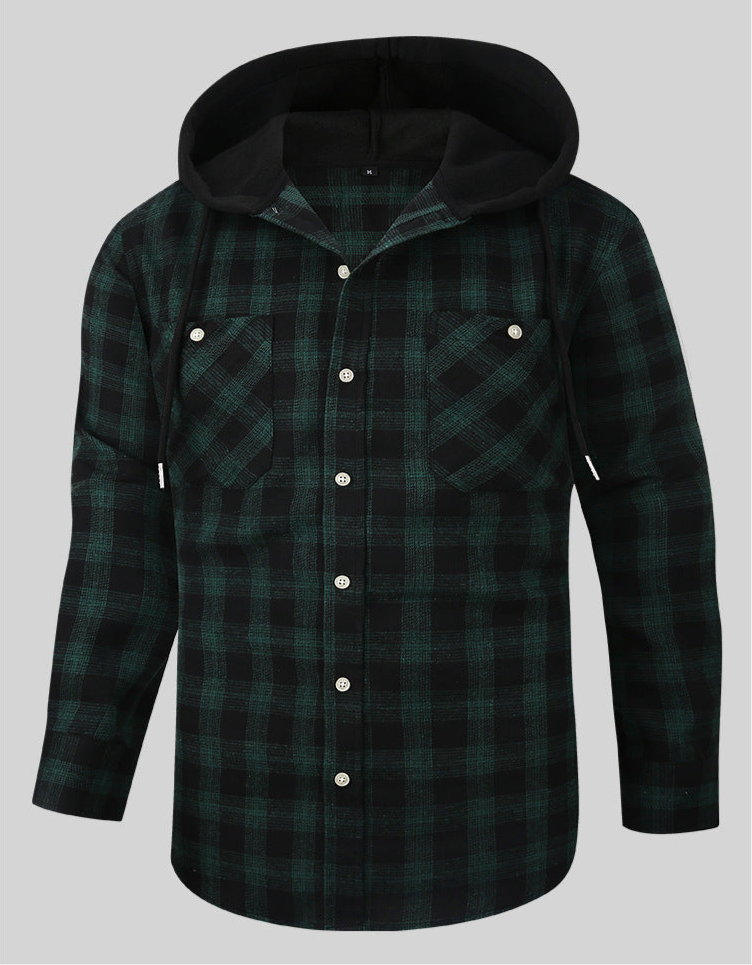 Chic Color Block Men's Plaid Pattern Hooded Long Sleeve Shirt Jacket With Drawstring And Pocket Spring Fall Outwear