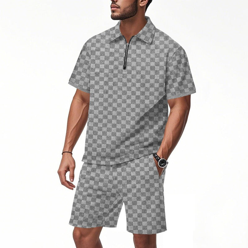 Trendiges Herren-Poloshirt mit Schachbrettmuster und passenden Shorts, zweiteiliges Sommer-Outfit-Set | CW-25