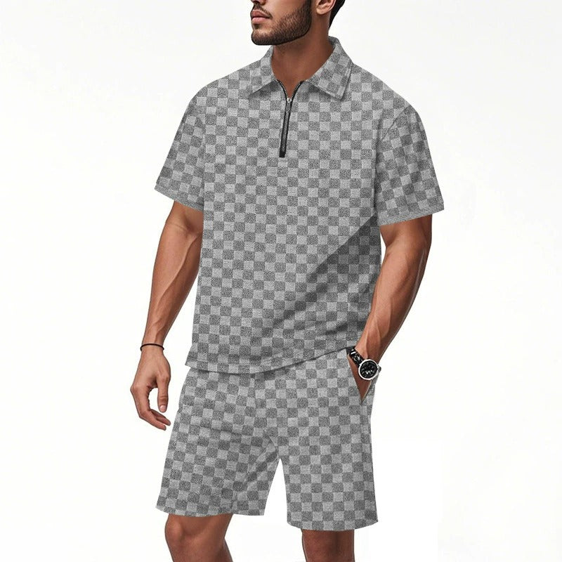 Trendiges Herren-Poloshirt mit Schachbrettmuster und passenden Shorts, zweiteiliges Sommer-Outfit-Set | CW-25
