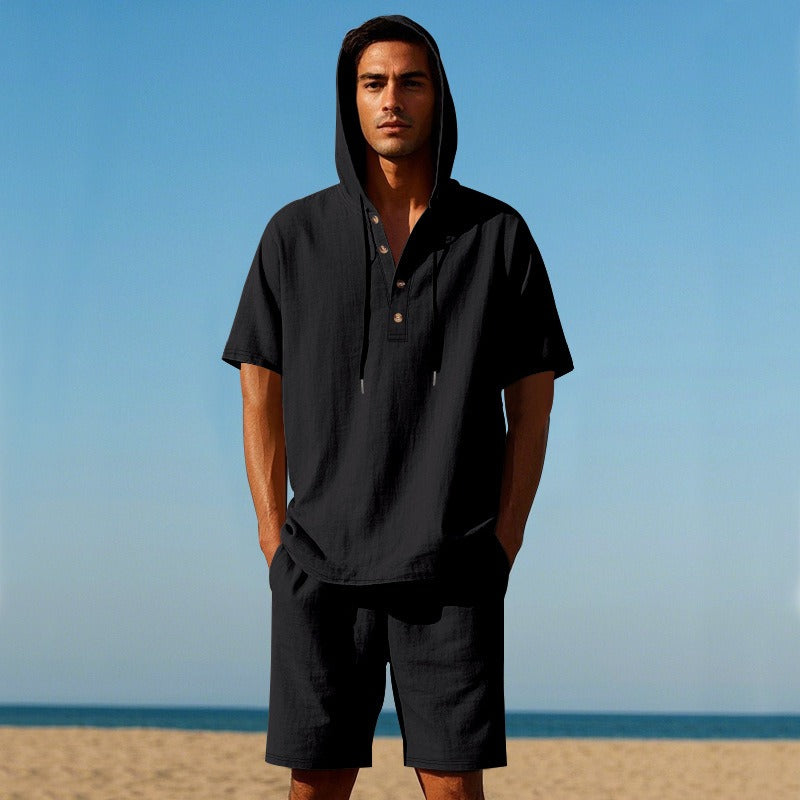 Herren Sommer Leinen Kapuzenhemd &amp; Shorts Set Leichtes Casual Beachwear Set | CW15 